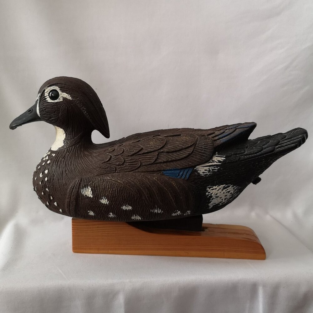 Vintage Flambeau Plastic Wood Duck Decoy on Wood Stand in Good Condition